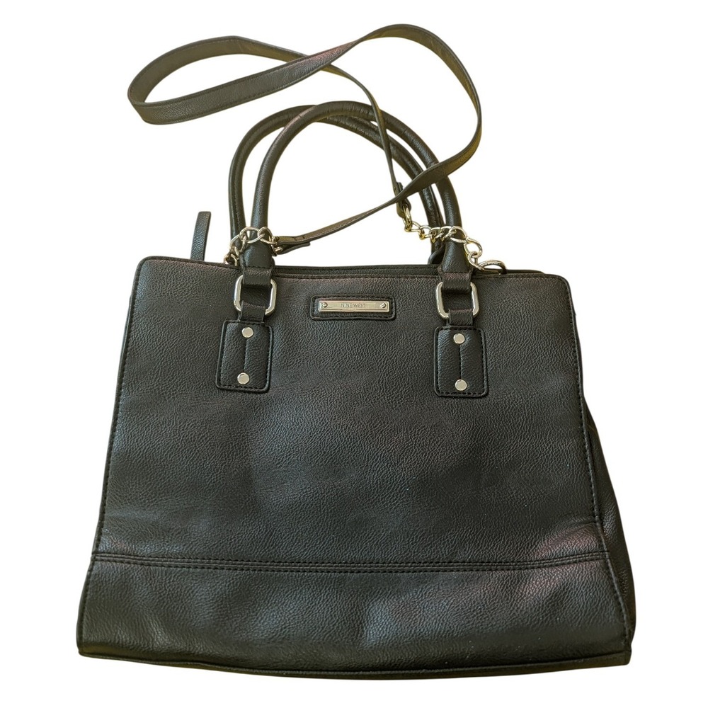 Nine West Black Pebbled Faux Leather‎ Satchel Crossbody Handbag Silver Hardware